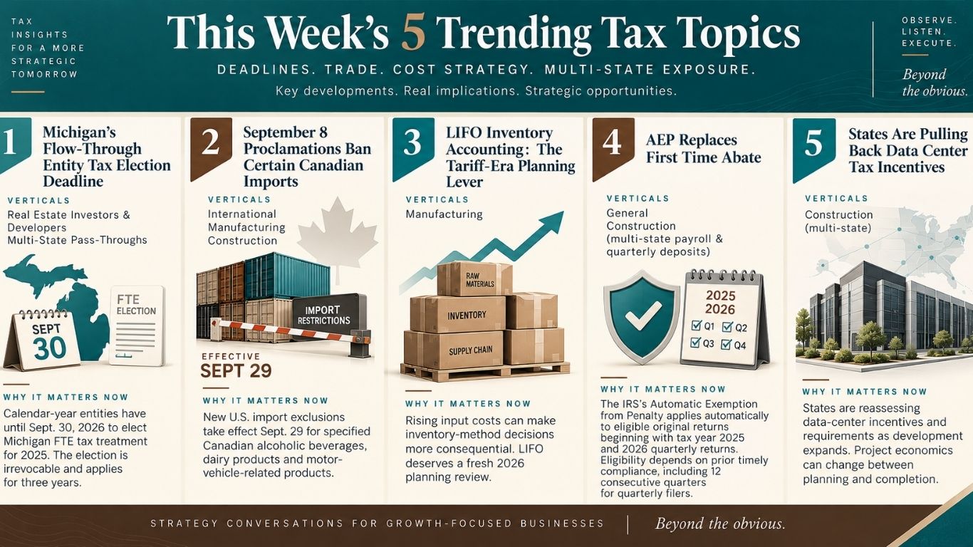 FPA Executive Tax Brief Issue 010 covering state tax deadlines, Canadian trade, LIFO, IRS penalty relief and data center incentives.