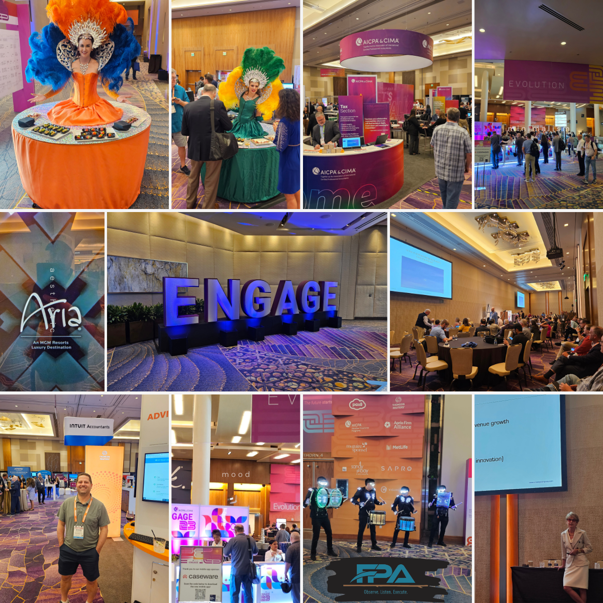 Conference collage with colorful booths, lit signage, speakers, and attendees networking in a convention hall