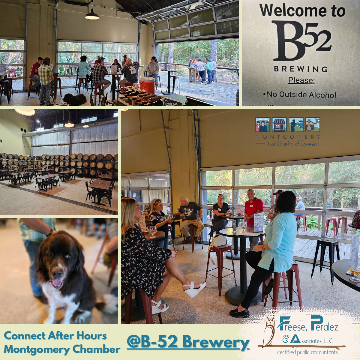 Collage of people at B-52 Brewery’s dog-friendly networking event with live music and a dog in the taproom