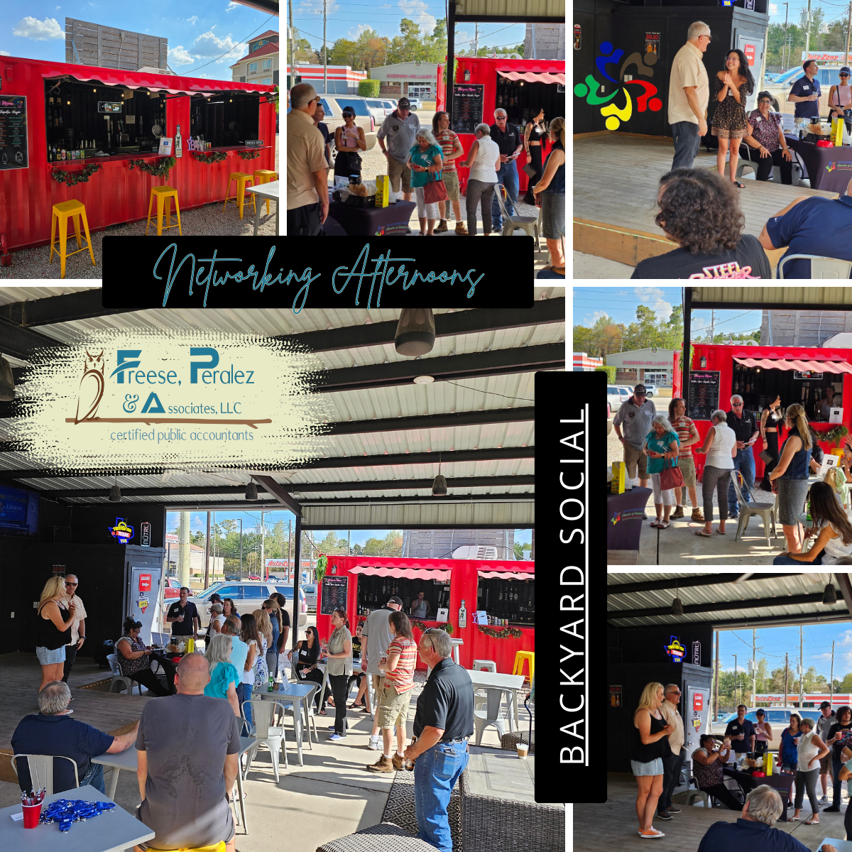 Backyard social with people seated and standing around red food trucks under a covered outdoor space