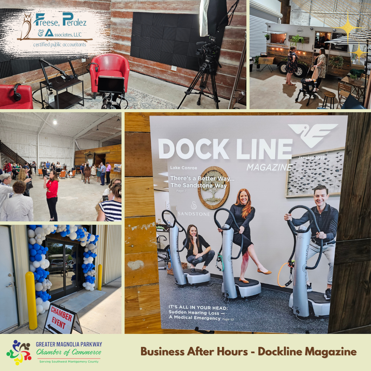 Collage of Dockline Magazine business event photos: cycling demos, attendees, booth displays, and signage