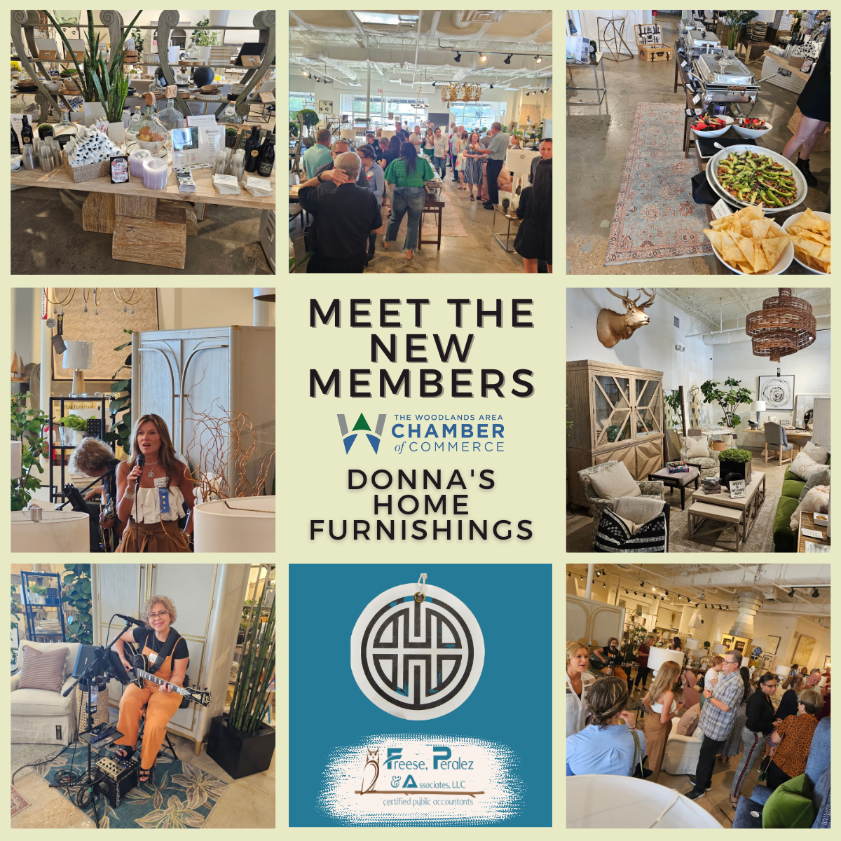 Collage advertising Meet the New Members at Chamber Donna’s Home Furnishings, with store and event photos