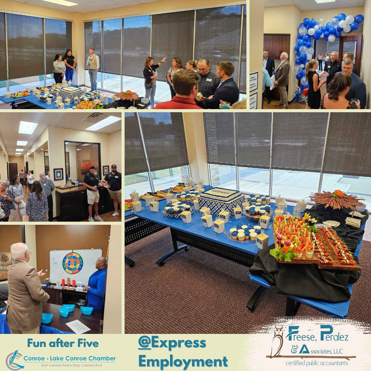 Office reception with blue-and-gold balloons, catered snacks, and people mingling near a branded backdrop