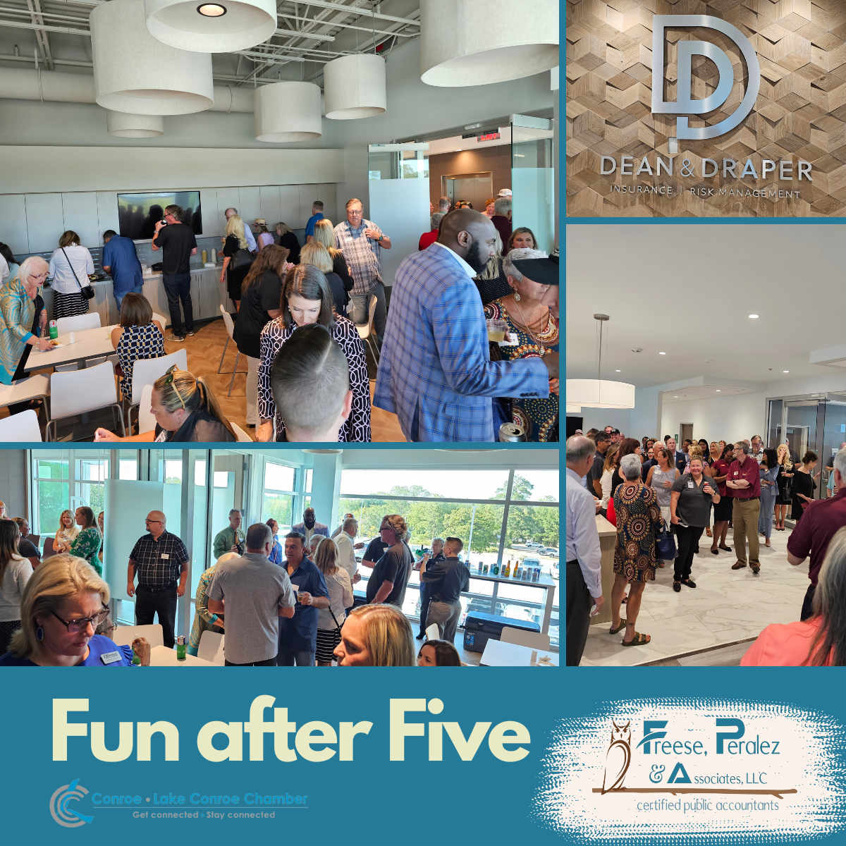 Crowd mingles at a blue-lit after-hours networking event, with “Fun after Five” and sponsor logos visible.