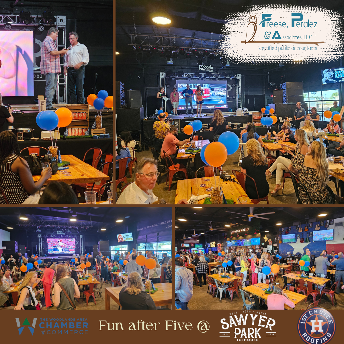 People seated at a lively indoor event with balloons and a stage, shown in a four-photo collage.
