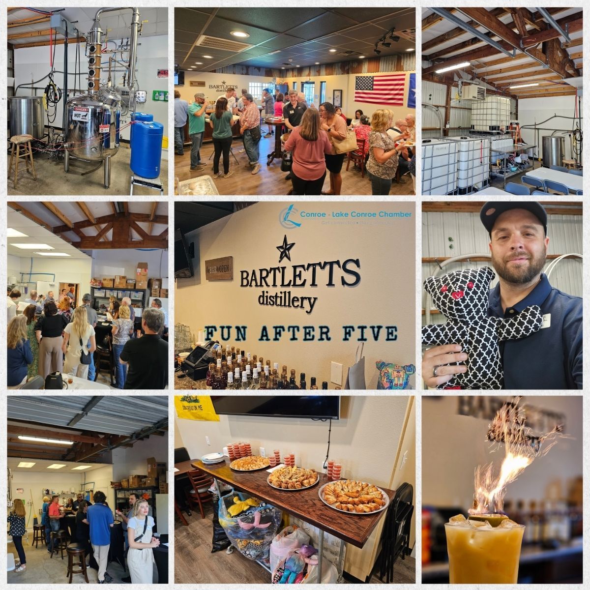 Bartletts distillery tour collage with tasting room, equipment, banners, cocktails, and a smiling guide