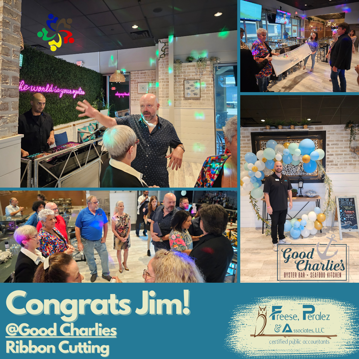 Congrats Jim! Celebration photos at Good Charlies with balloons, dancing, and a “Good Charlies” backdrop.