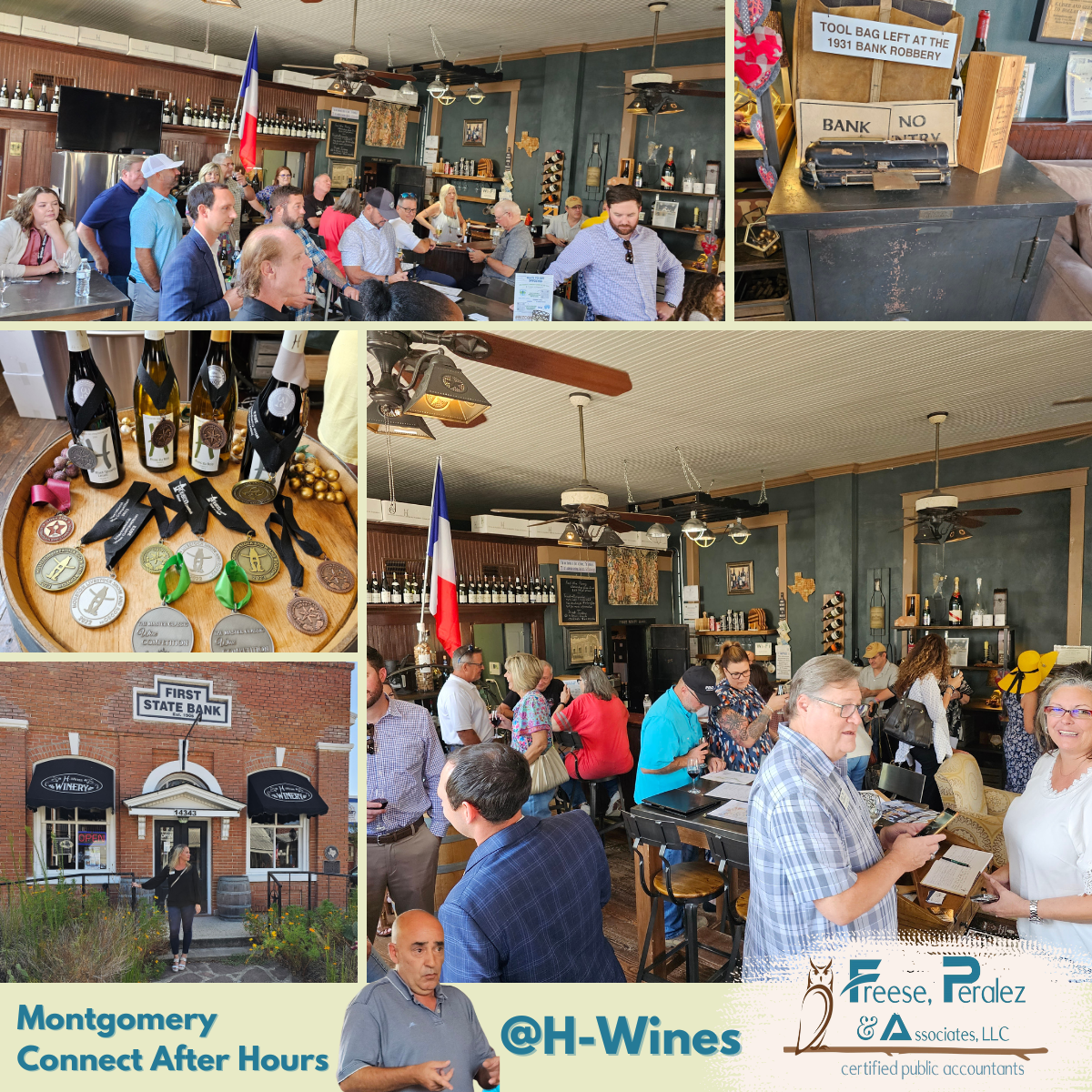 Busy winery tasting room collage with people socializing, wine bottles, outdoor storefront, and @H-Wines branding