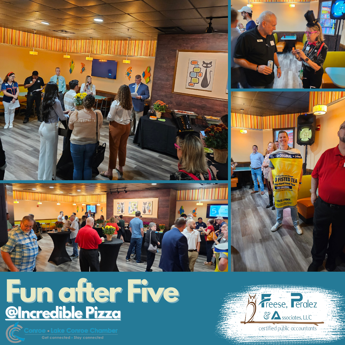 People gathered at a lively indoor event at Incredible Pizza, with a “Fun after Five” banner.