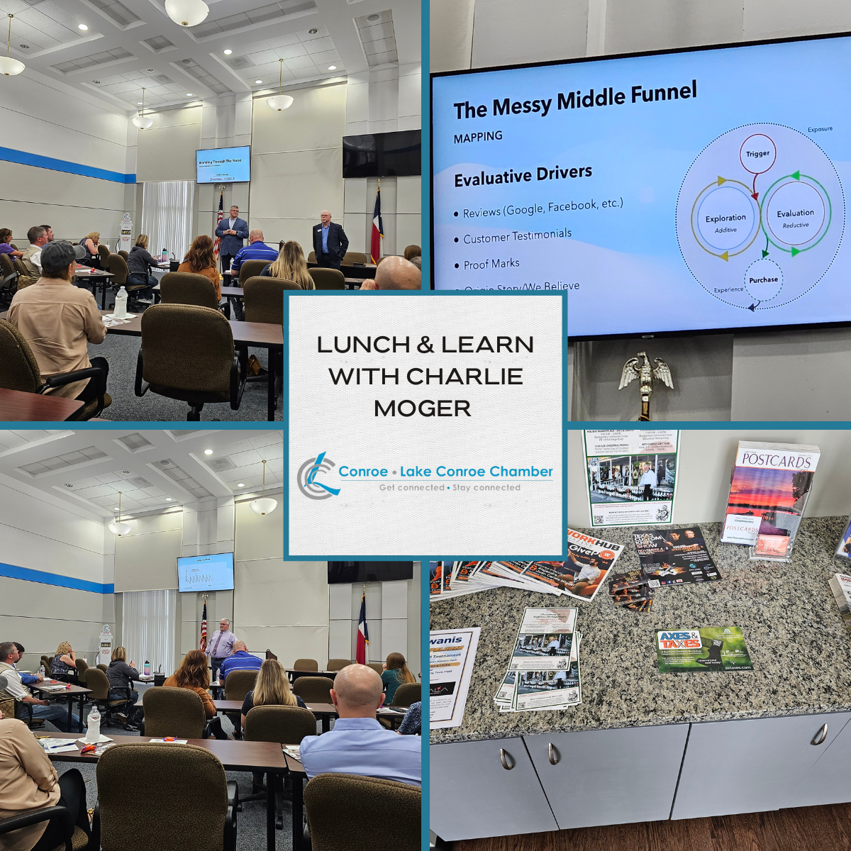 Conference slide collage for “Lunch & Learn with Charlie Moger” in a bright meeting room