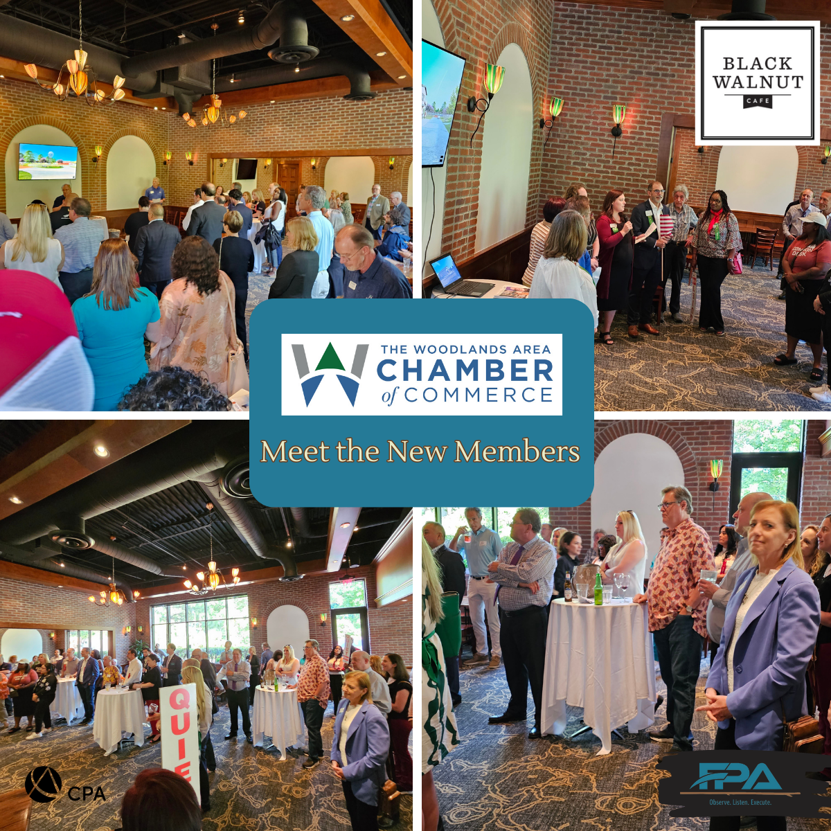 Chamber of Commerce event with attendees mingling in a brick venue, “Meet the New Members” signage visible