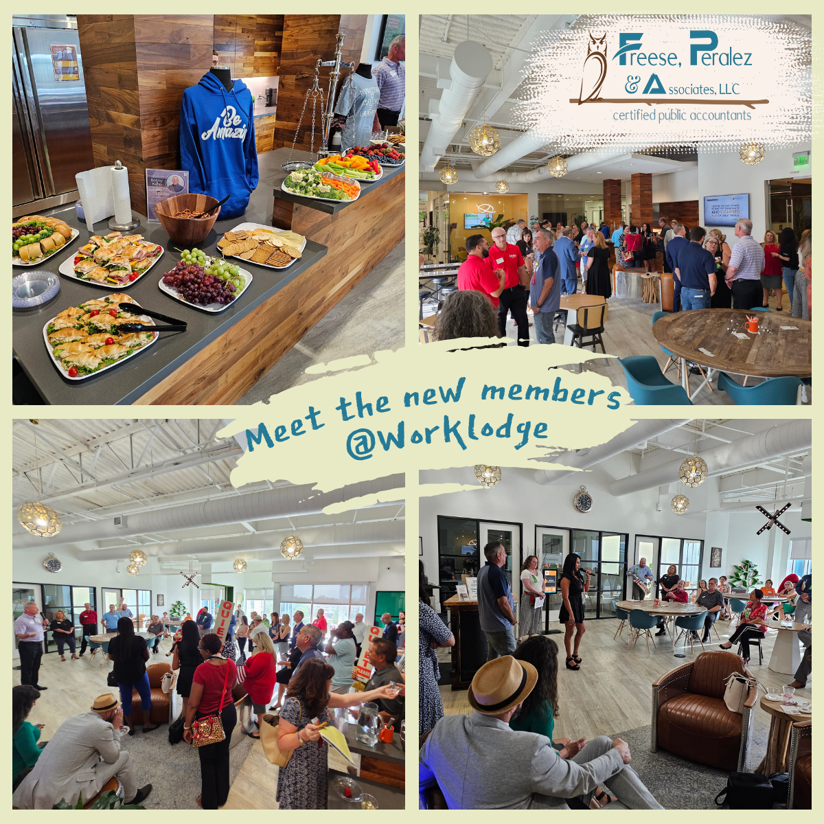 Workday new member mixer with buffet, balloons, and attendees networking in a bright office lounge