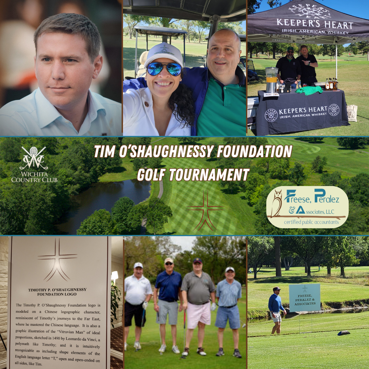 Tim O’Shaughnessy Foundation golf tournament collage with portraits, golfers, and course signage