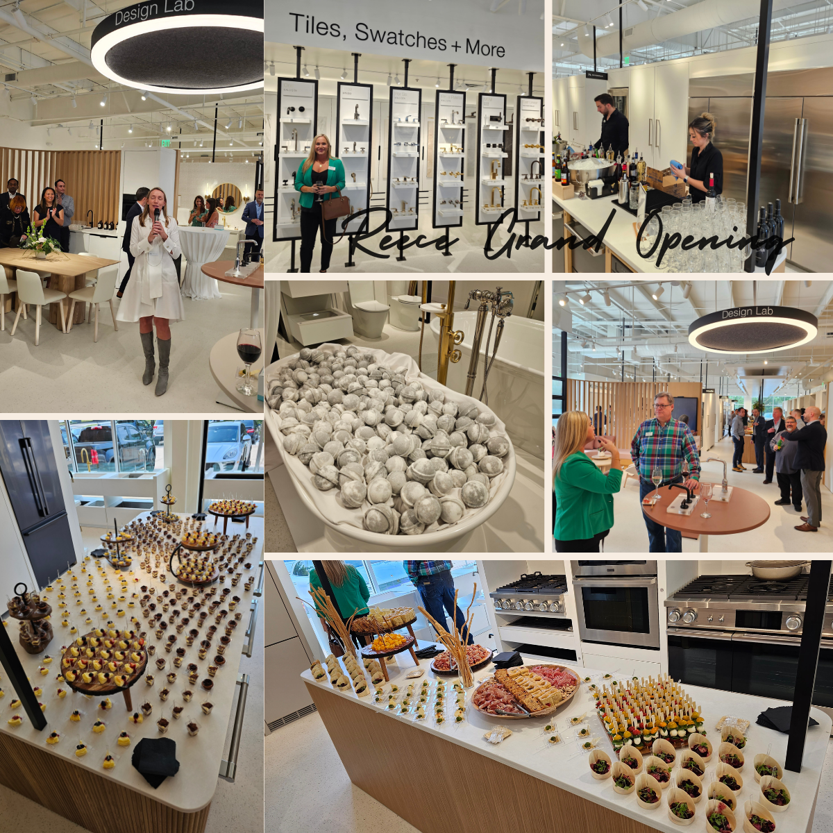 Boutique opening collage with shoppers, white decor, and dessert tables of pastries and sweets