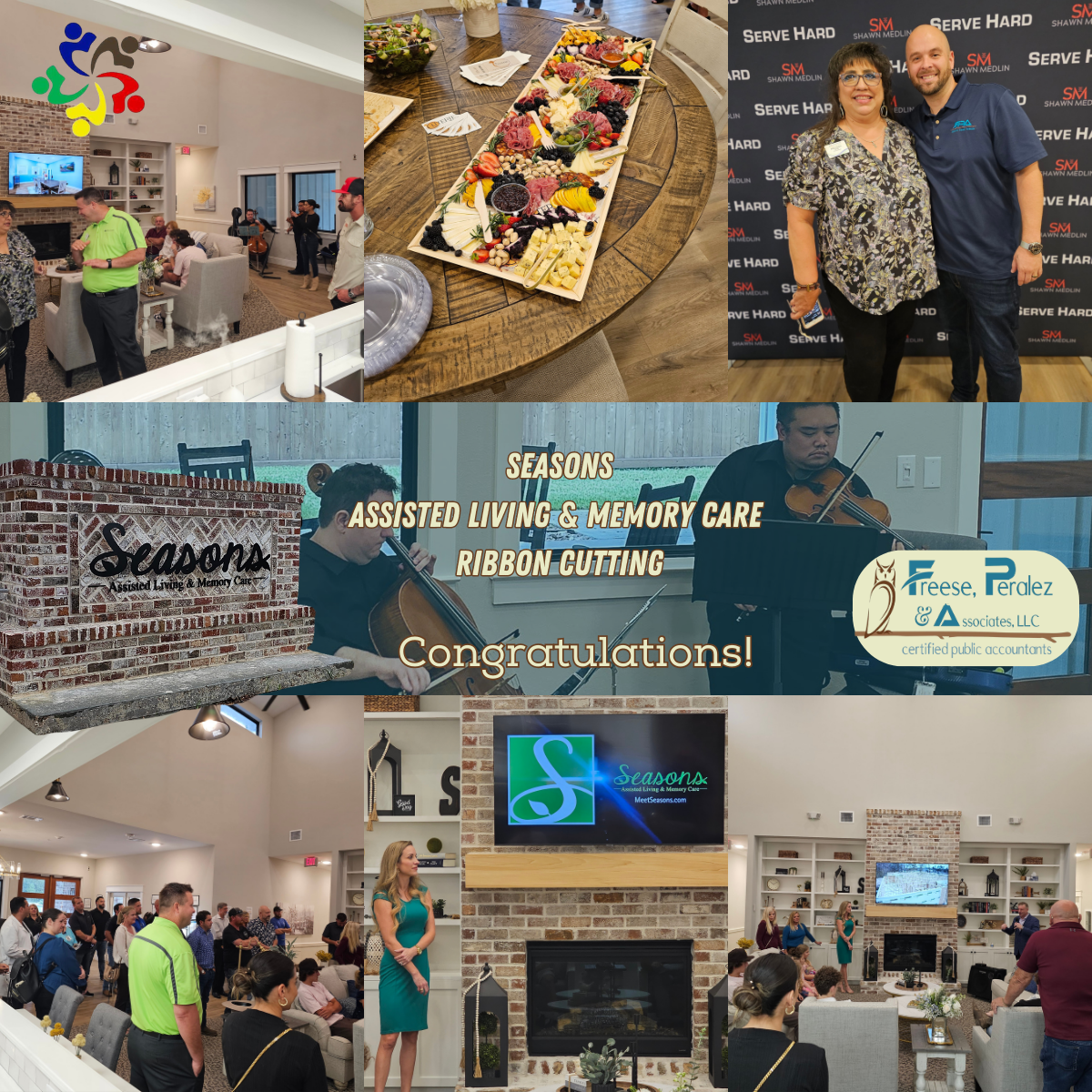 Collage of a restaurant’s grand opening celebration with food, ribbon-cutting, crowds, and congratulatory signs