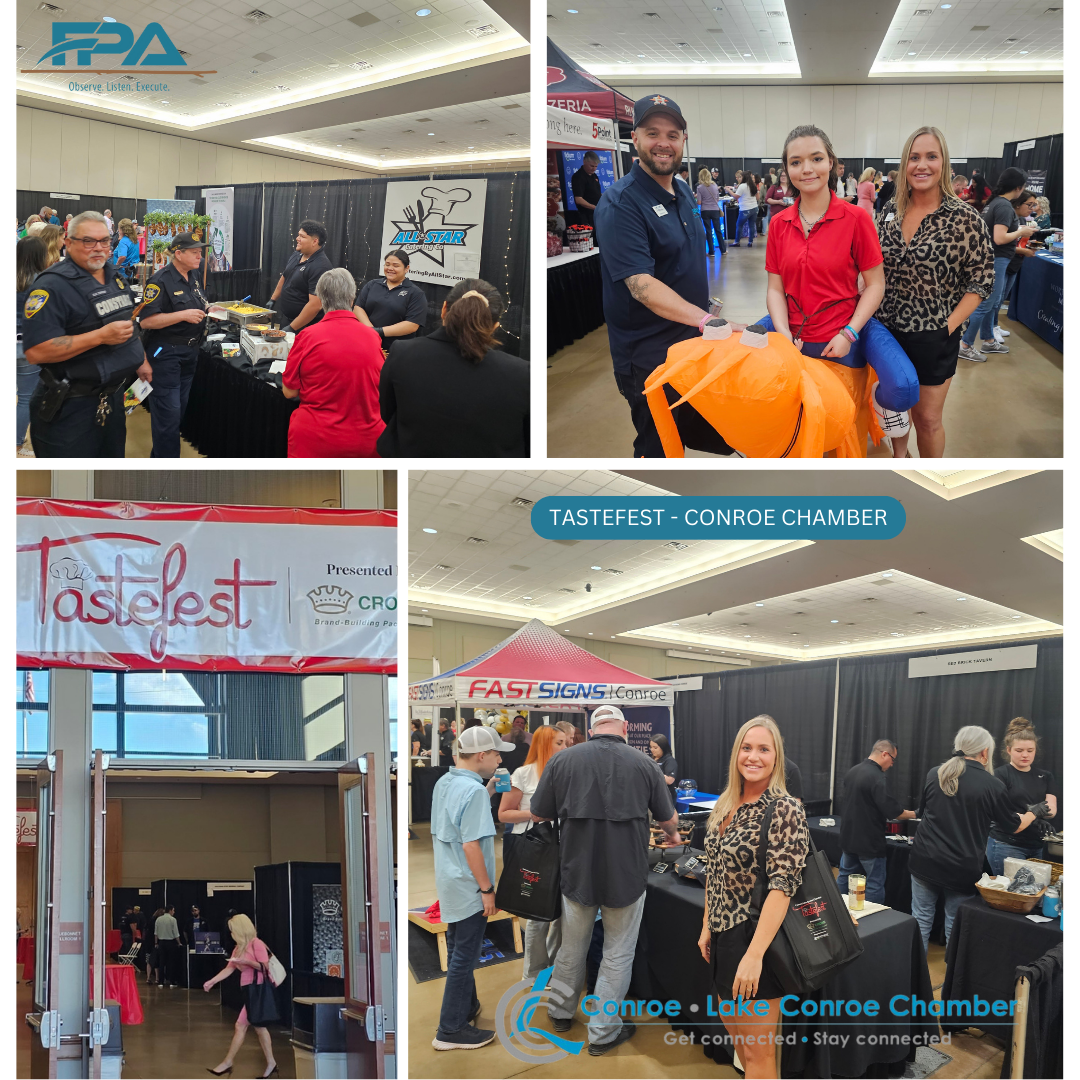 Collage of trade show booth scenes with people networking, a red sign, and event banners