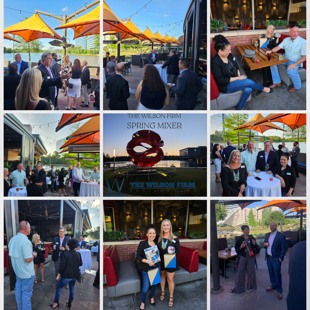 Collage of people socializing outdoors at a rooftop patio with orange umbrellas, drinks, and a neon sign at sunset