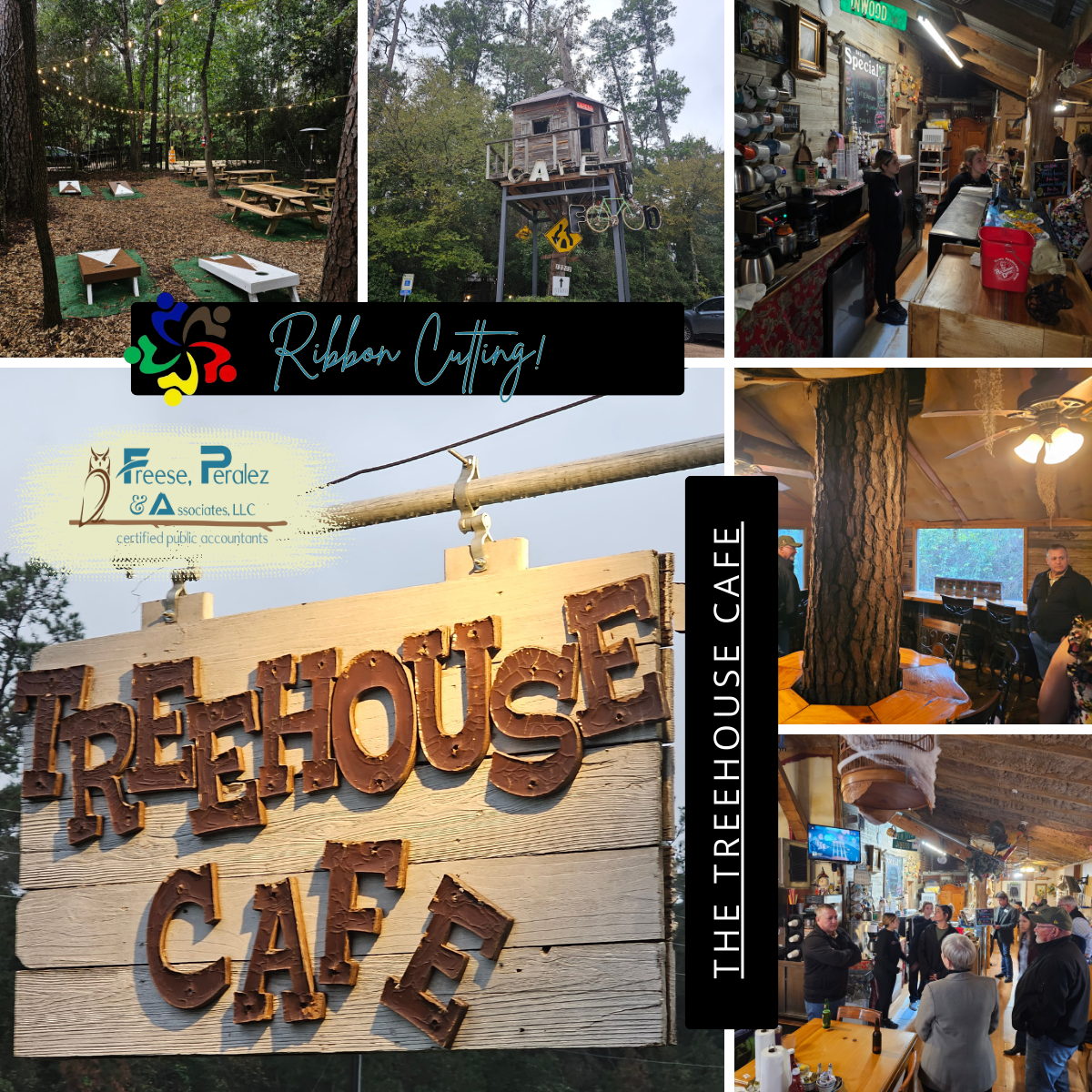 Collage of Treehouse Cafe and outdoor seating in a wooded, rustic resort setting