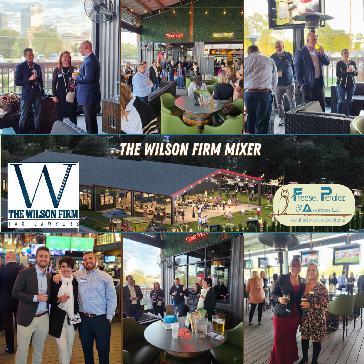 Collage of a Wilson Firm mixer with guests mingling outdoors and under a patio, plus event logo and signage
