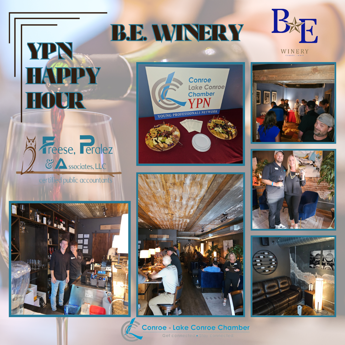 Wine tasting collage for YPN Happy Hour at BE Winery, with indoor group scenes and event signage