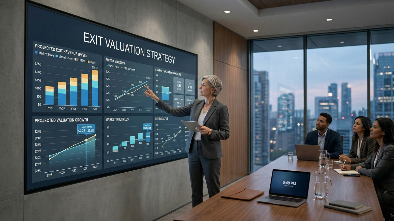 Executive reviewing valuation and tax planning projections for a business sale.