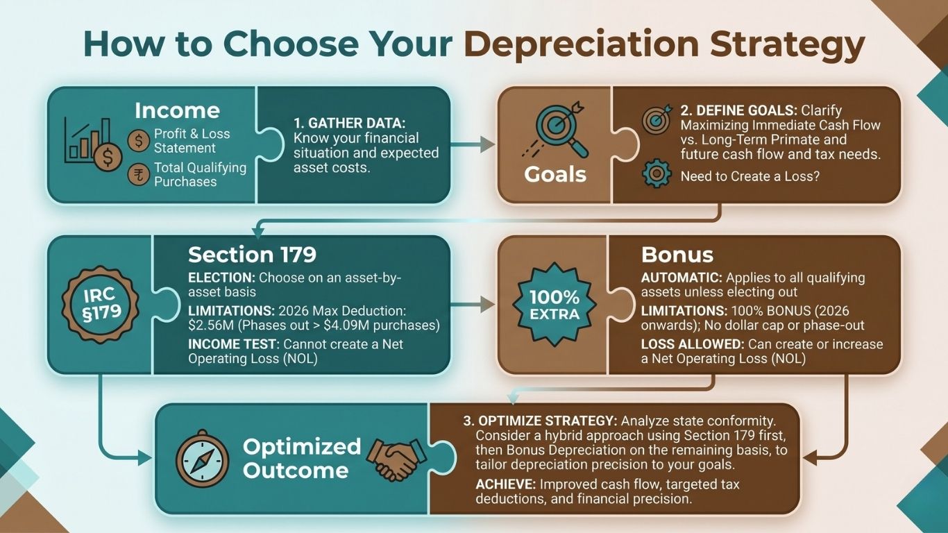 Tax strategy flow showing income planning goals Section 179 bonus depreciation and optimized outcome for business tax efficiency