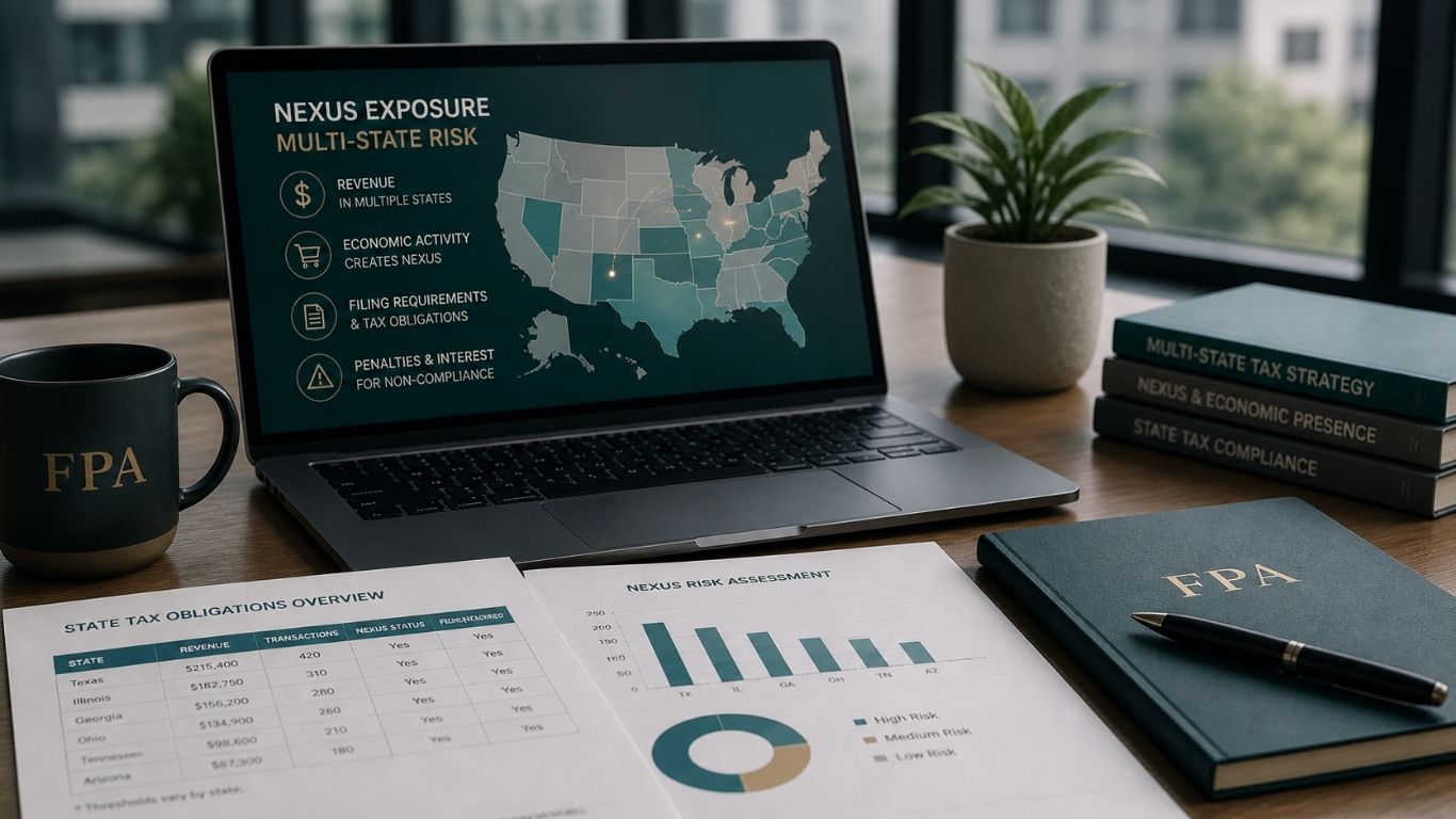 Business professional analyzing multi-state tax exposure and nexus risk on financial dashboard