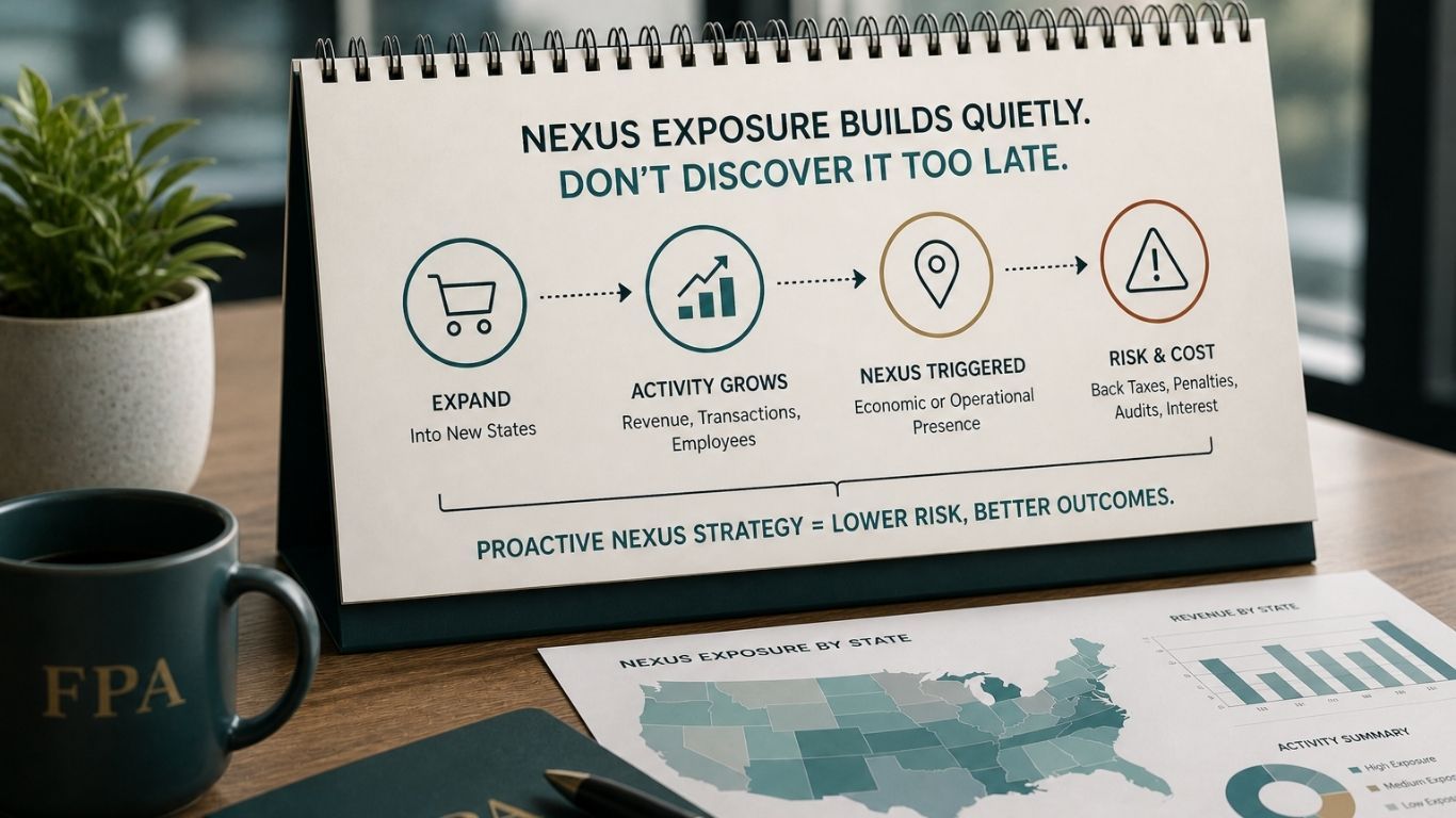 Multi-state nexus risk assessment dashboard showing revenue activity and tax exposure by state