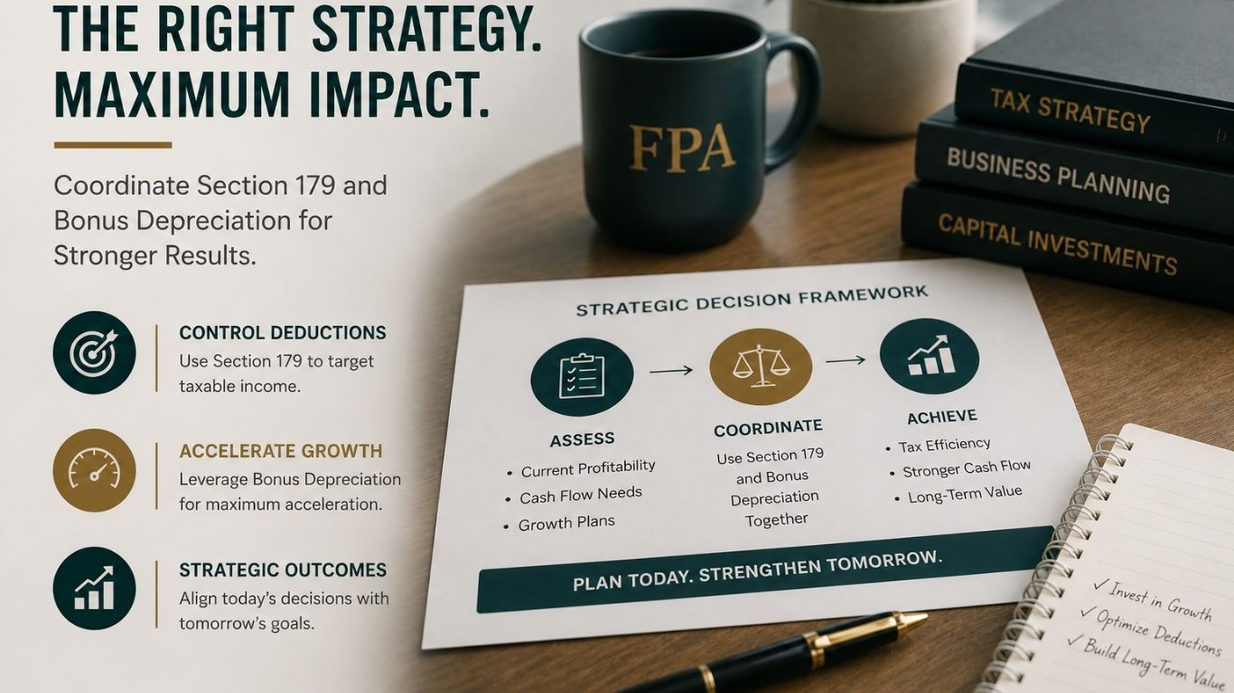 Business owner reviewing tax strategy for Section 179 and bonus depreciation planning on a financial workspace