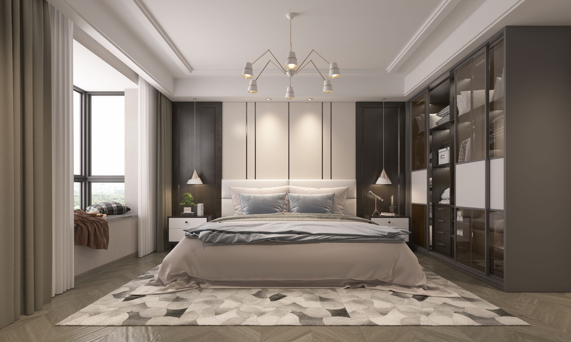 It is a bedroom with a large bed and a rug.