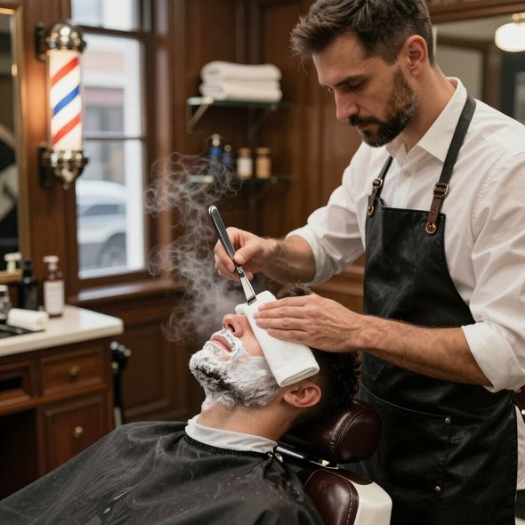 Barber shaves a client's face, using a straight razor in an old-fashioned barber shop, steam rising from the hot towel.