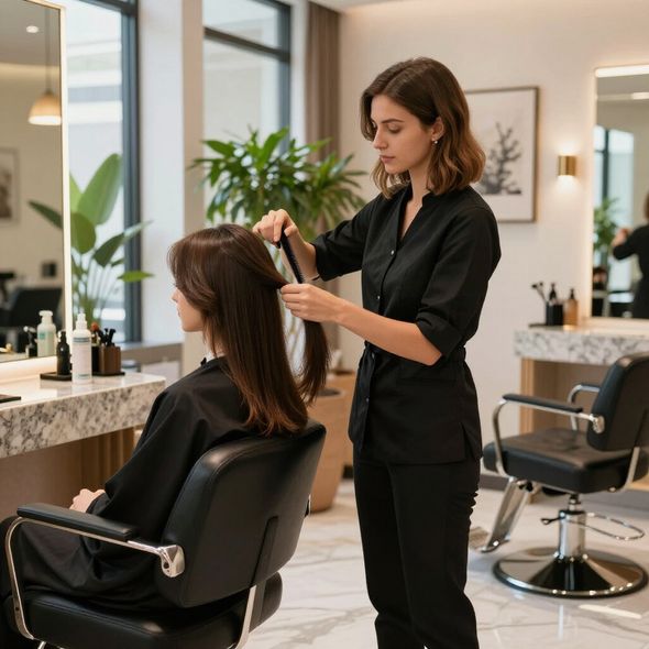 Woman combs client's hair in salon. Both wear black. Mirrors, plants, and styling products surround them.