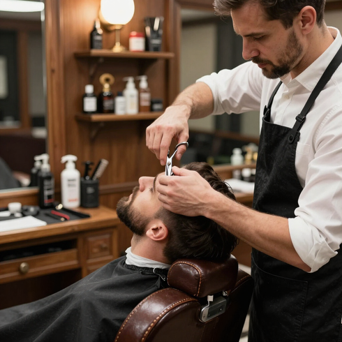 Barber trimming a client’s beard in a classic barbershop with leather chair and grooming tools