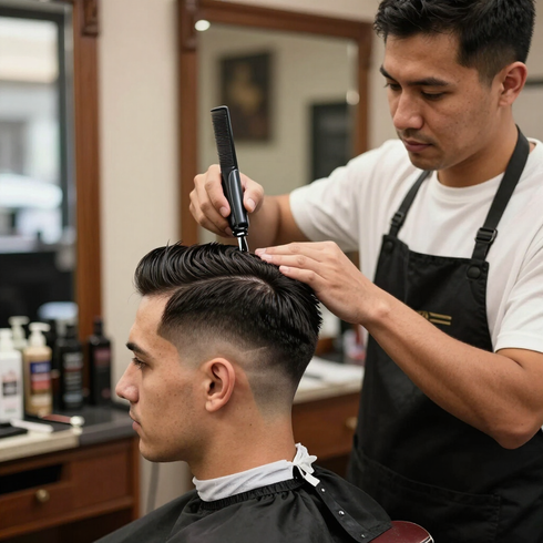 Barber trimming a man’s hair with clippers in a modern barbershop
