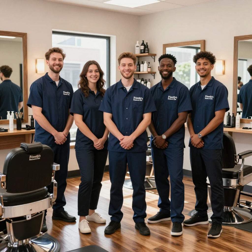 Five stylists in navy uniforms standing in a bright salon with barber chairs and mirrors