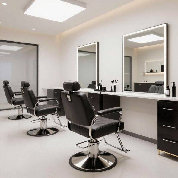 Hair salon interior: black barber chairs, large mirrors, white walls, and bright overhead lighting.