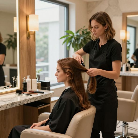 Woman getting her hair styled at a salon. Stylist combs and sections hair; mirror and products visible.