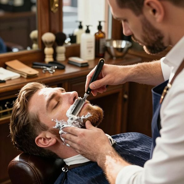 Barber shaving a customer's face with a straight razor. The man reclines in a barber chair.