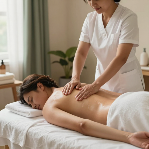 Massage therapist giving a back massage to a client on a treatment table in a spa room