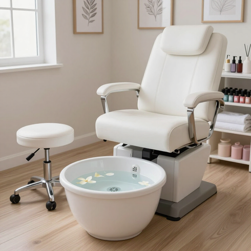 Pedicure chair with foot bath and stool in a bright salon room