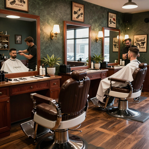 Vintage barber shop with two men getting haircuts in leather chairs and warm wooden decor