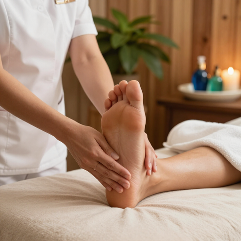 Massage therapist working on a client’s foot in a spa treatment room