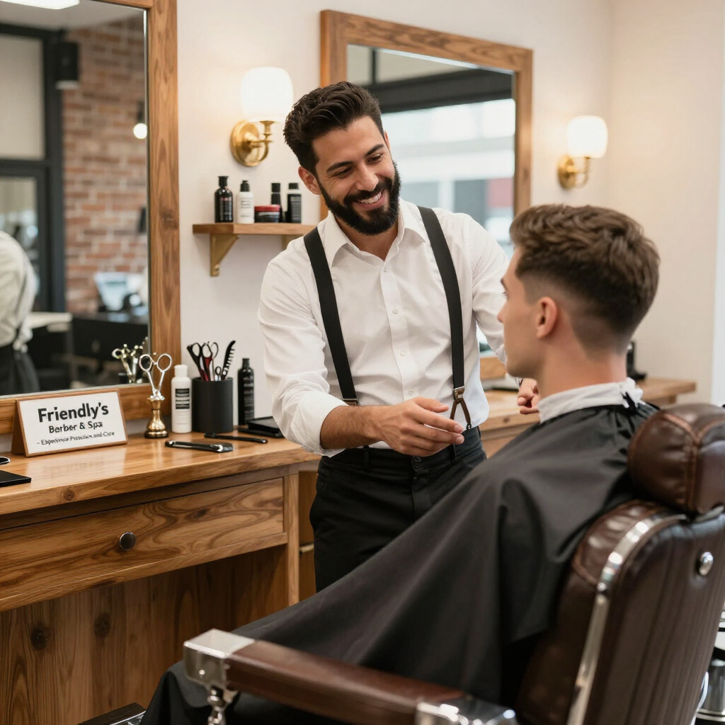Barber trimming a customer’s hair in a stylish salon with mirrors and wooden decor