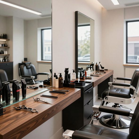 Interior of a barbershop with two barber chairs, mirrors, and styling products.