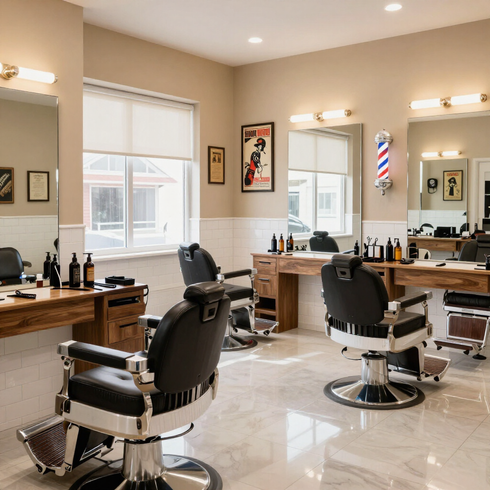 Bright barbershop interior with black chairs, mirrors, wooden stations, and glossy tiled floor
