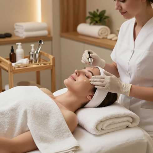 Facial treatment in a spa, with a gloved aesthetician applying cream to a client lying on a massage bed.