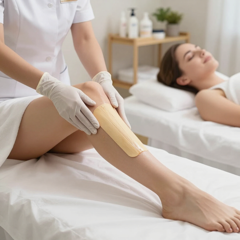Spa therapist applying wax strip to client's leg during hair removal treatment