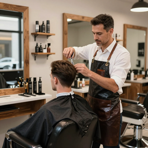 Barber cutting a client’s hair in a modern salon, with mirrors, chairs, and grooming products visible.