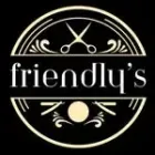 Friendly's barber shop logo: white text and design on black, including scissors and a decorative circular border.