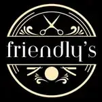 Friendly's barber shop logo: white text and design on black, including scissors and a decorative circular border.